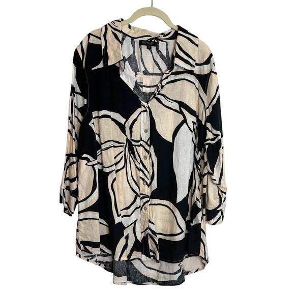 Rachel Zoe Womens Blouse 2X Black Beige Floral Linen Blend Button Up Coastal - Picture 1 of 6